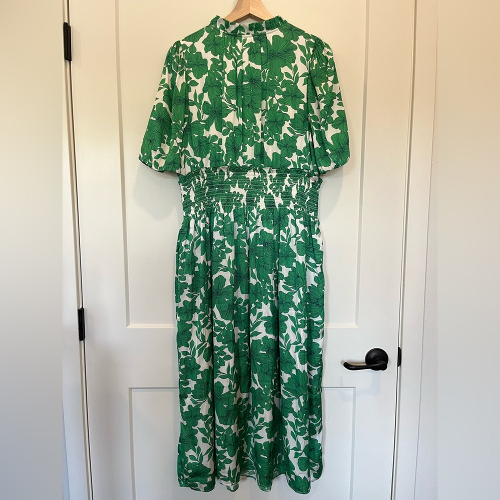 JCREW Smocked Waist Greenhouse Floral Kelly Green Preppy Garden Dress sz L - Picture 10 of 13